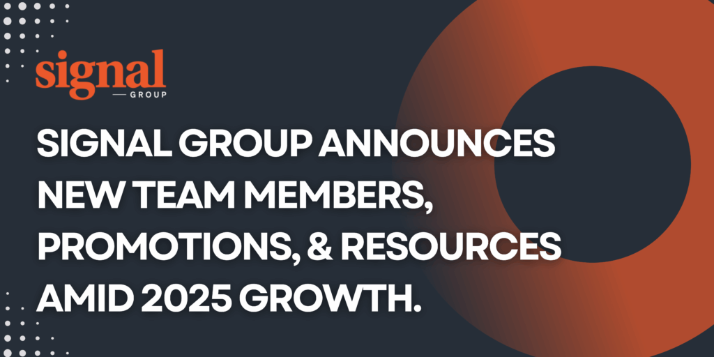Dark blue background with orange gradient circle and Signal logo. Text reads: "Signal group announces New Team Members, Promotions, & Resources Amid 2025 Growth."